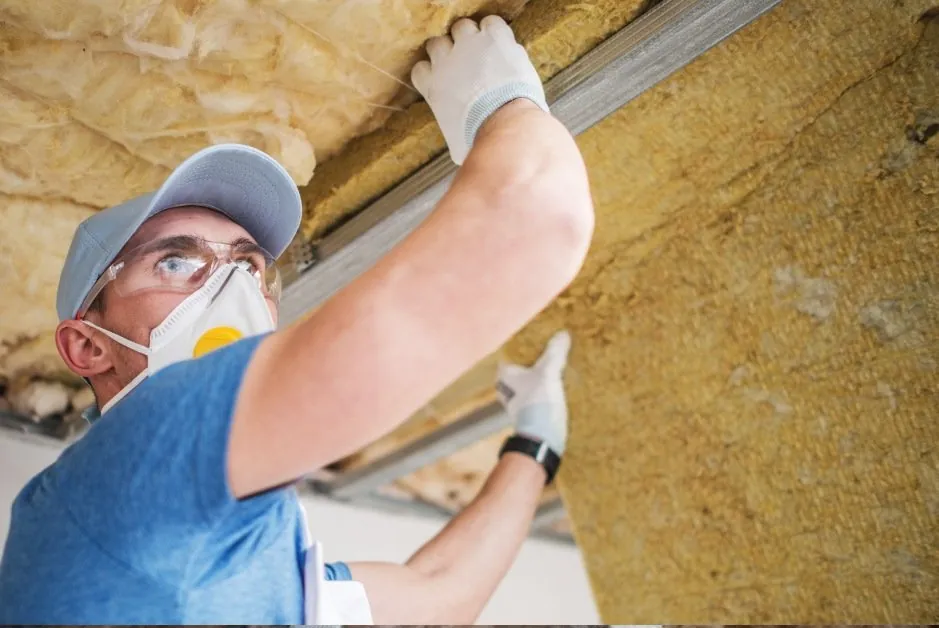 Vakman brengt isolatie aan tegen een plafond
